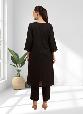 Women's linen black embroidered long kurta with pant 2