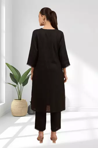 Women's linen black embroidered long kurta with pant