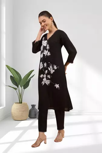 Women's linen black embroidered long kurta with pant