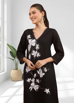 Women's linen black embroidered long kurta with pant 4