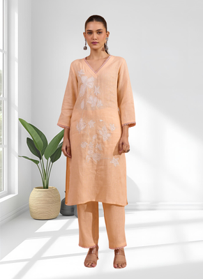 Women's linen coral embroidered long kurta with pant 1