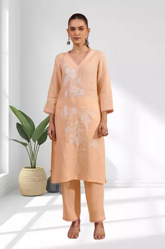 Women's linen coral embroidered long kurta with pant