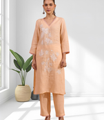 Women's linen coral embroidered long kurta with pant