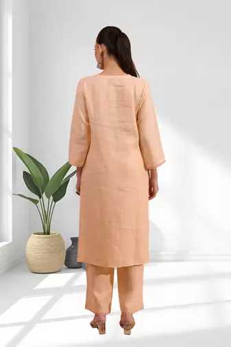 Women's linen coral embroidered long kurta with pant