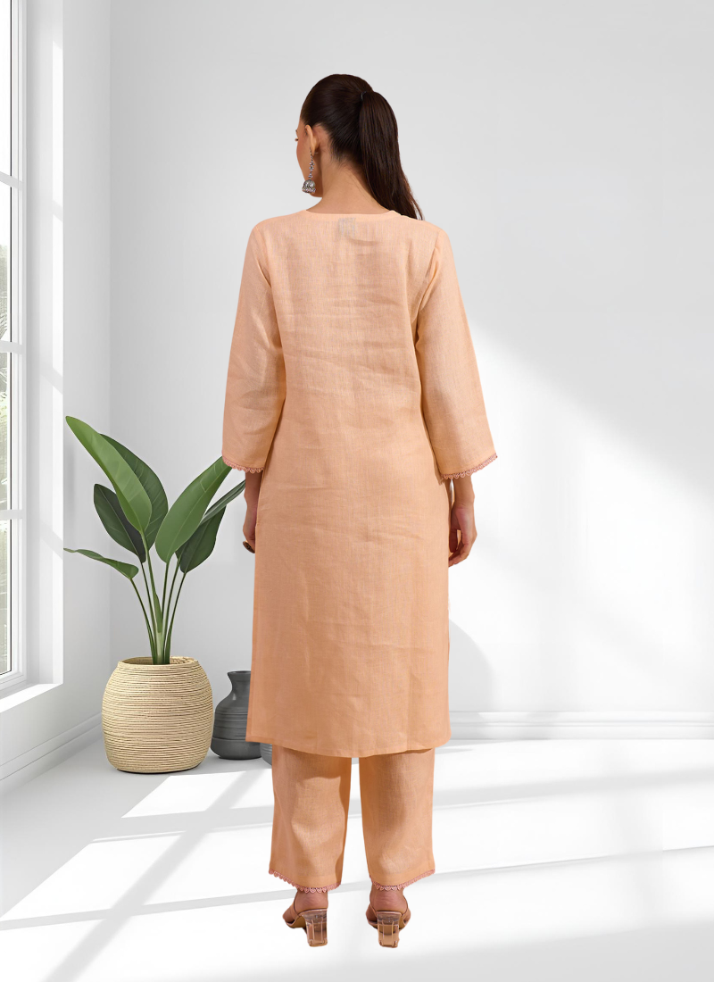 Women's linen coral embroidered long kurta with pant