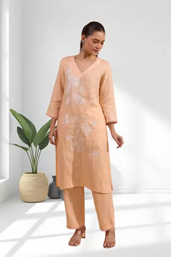 Women's linen coral embroidered long kurta with pant