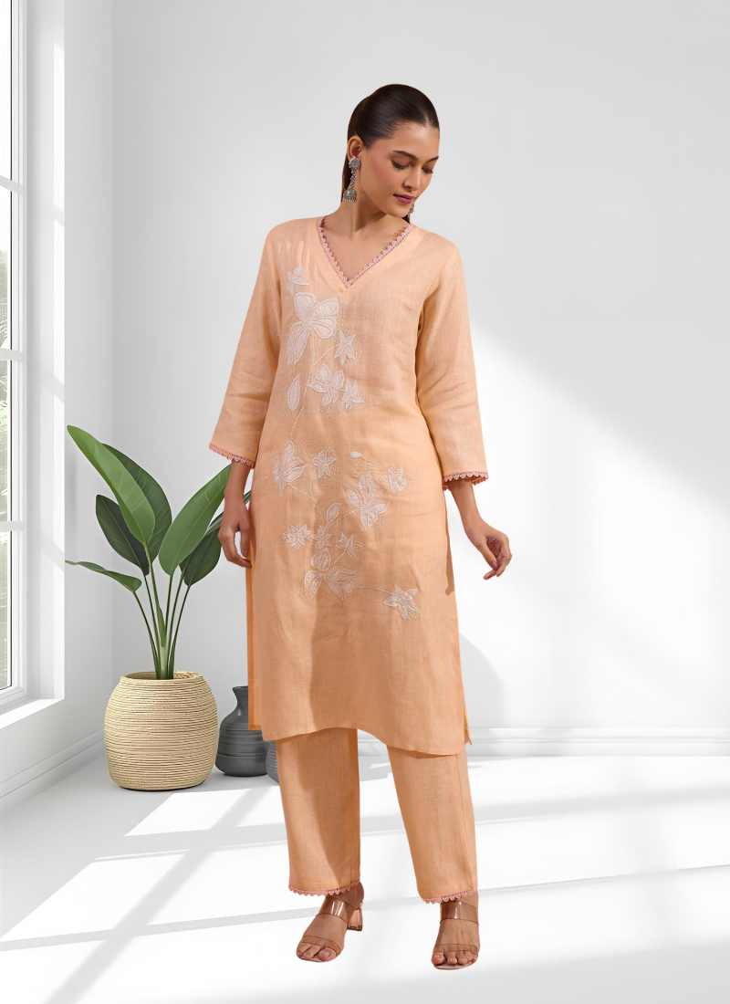 Women's linen coral embroidered long kurta with pant