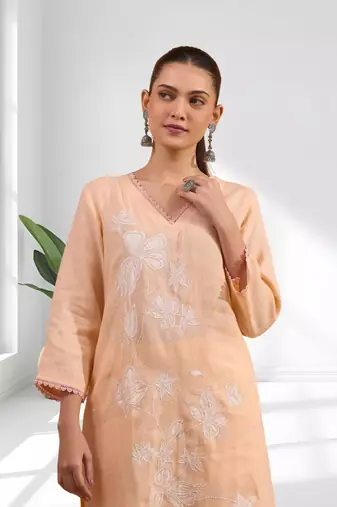 Women's linen coral embroidered long kurta with pant