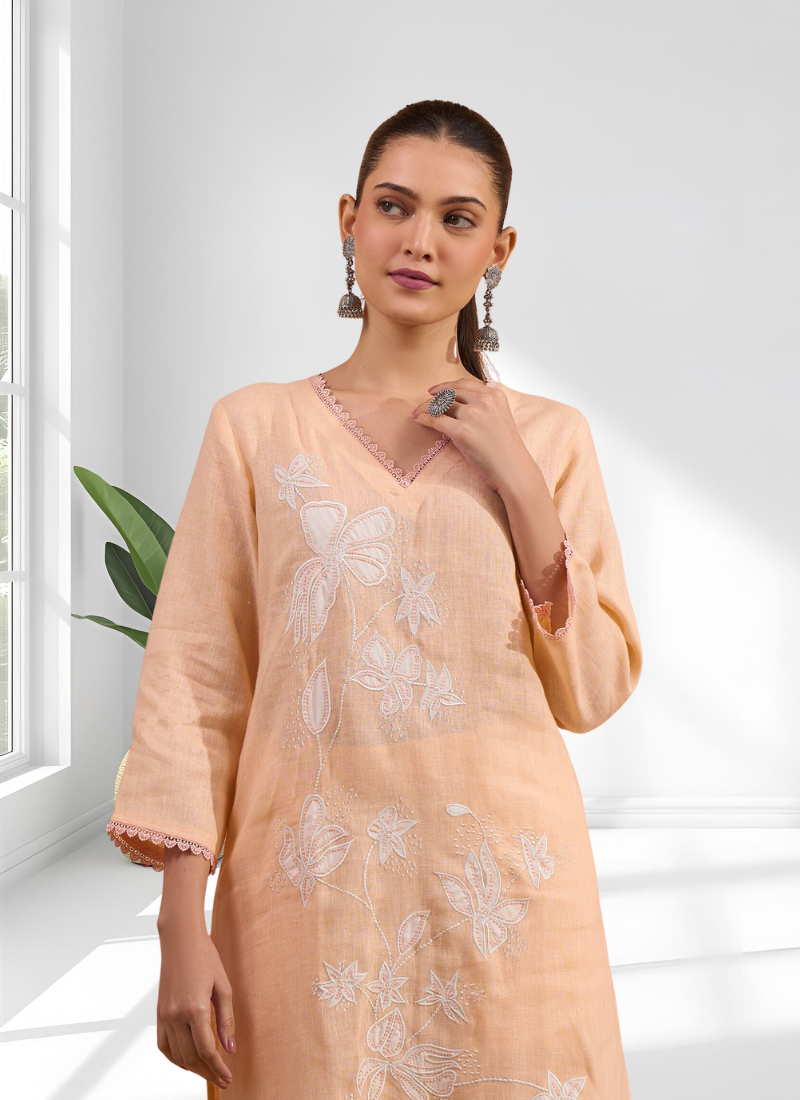Women's linen coral embroidered long kurta with pant