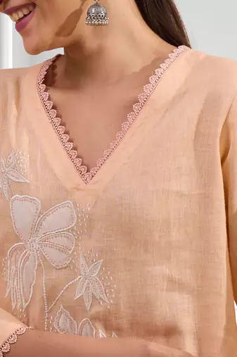 Women's linen coral embroidered long kurta with pant