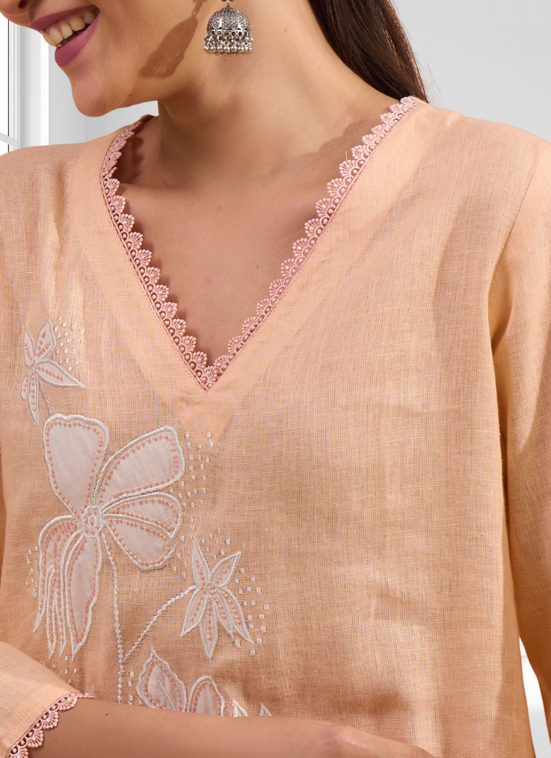 Women's linen coral embroidered long kurta with pant