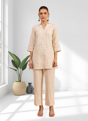 Women's linen cream embroidered short kurta with pant 1