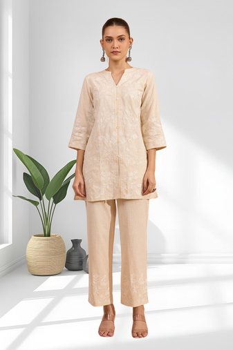 Women's linen cream embroidered short kurta with pant