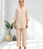 Women's linen cream embroidered short kurta with pant