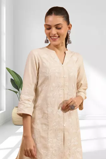 Women's linen cream embroidered short kurta with pant