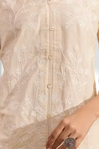 Women's linen cream embroidered short kurta with pant
