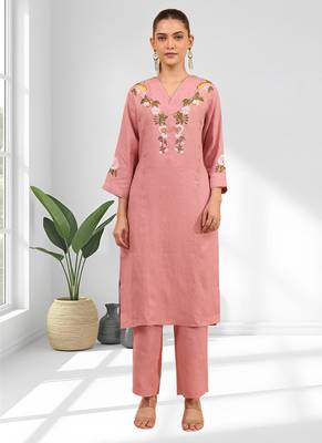Women's linen pink embroidered long kurta with pant 1