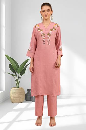 Women's linen pink embroidered long kurta with pant