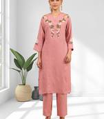 Women's linen pink embroidered long kurta with pant