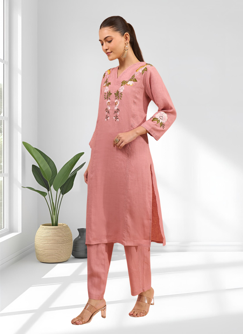 Women's linen pink embroidered long kurta with pant