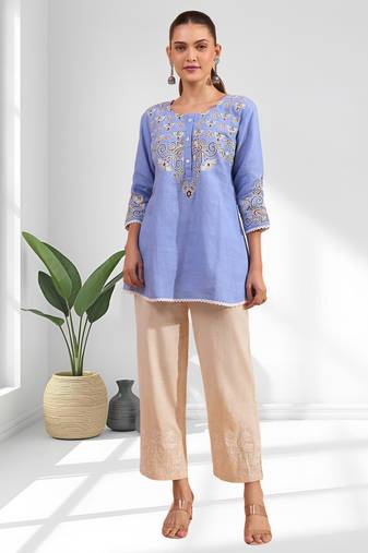 Women's cotton, linen sky blue embroidered only top