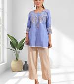 Women's cotton, linen sky blue embroidered only top