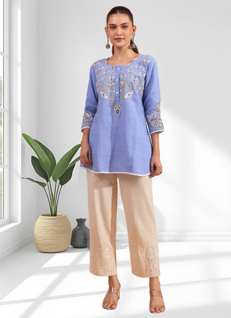 Women's cotton, linen sky blue embroidered only top