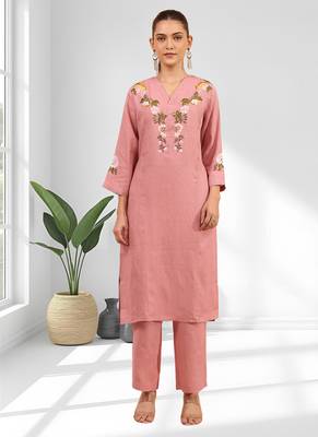 Women's linen pink embroidered long kurta with pant 3