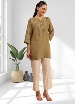 Women's linen light brown embroidered only top 1
