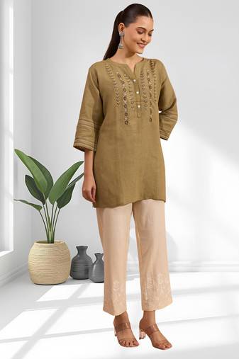 Women's linen light brown embroidered only top