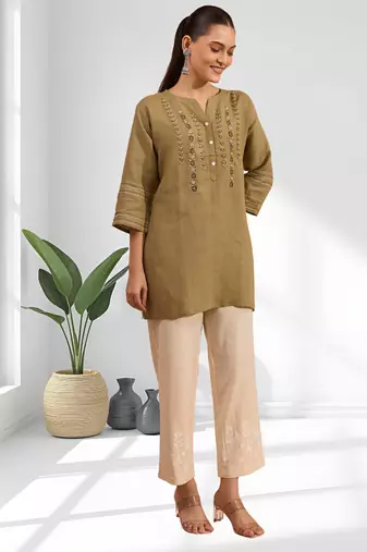 Women's linen light brown embroidered only top