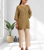 Women's linen light brown embroidered only top