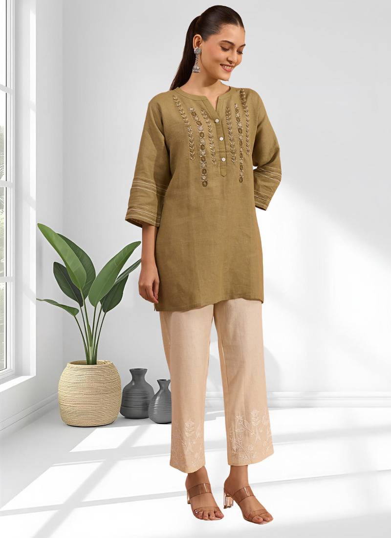 Women's linen light brown embroidered only top
