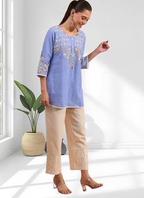Women's cotton, linen sky blue embroidered only top 2