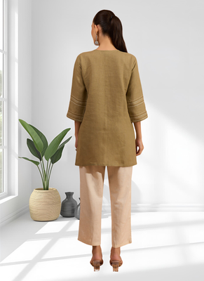 Women's linen light brown embroidered only top 2
