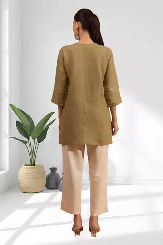 Women's linen light brown embroidered only top