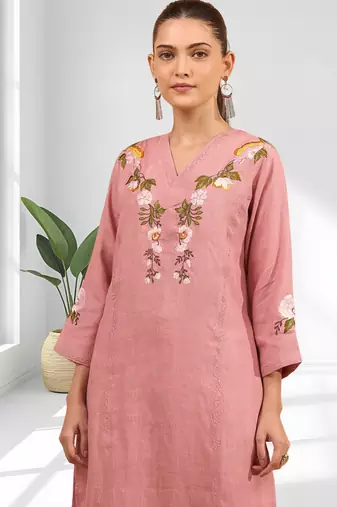 Women's linen pink embroidered long kurta with pant