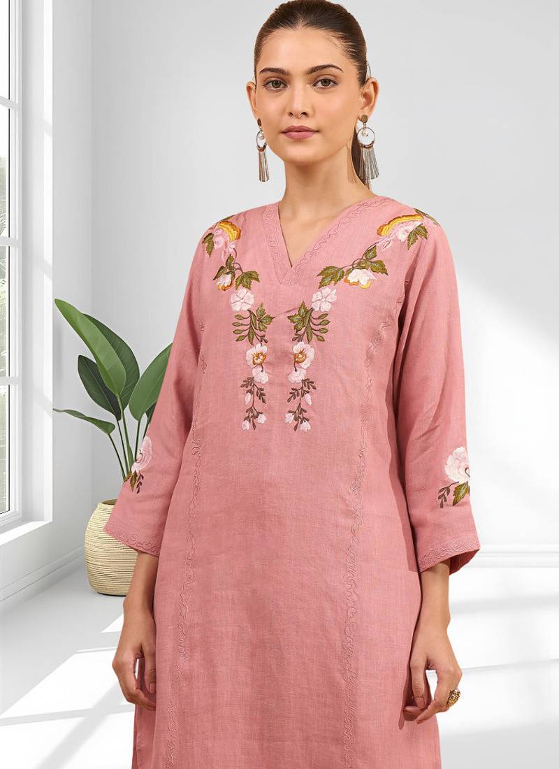 Women's linen pink embroidered long kurta with pant