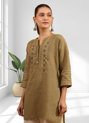 Women's linen light brown embroidered only top 3