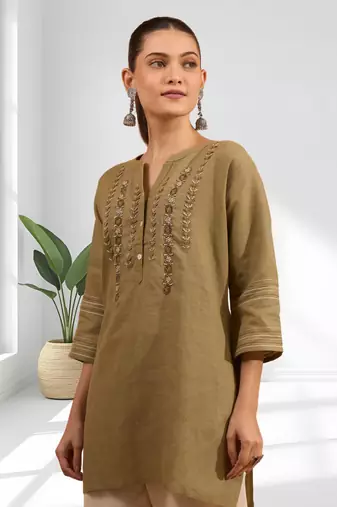 Women's linen light brown embroidered only top