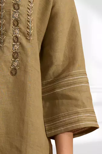 Women's linen light brown embroidered only top