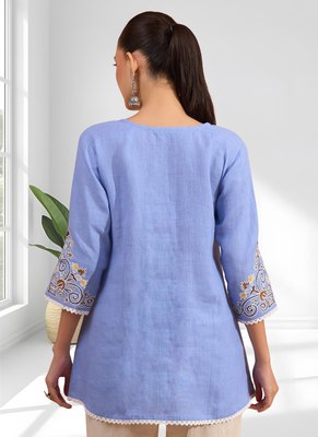 Women's cotton, linen sky blue embroidered only top 3