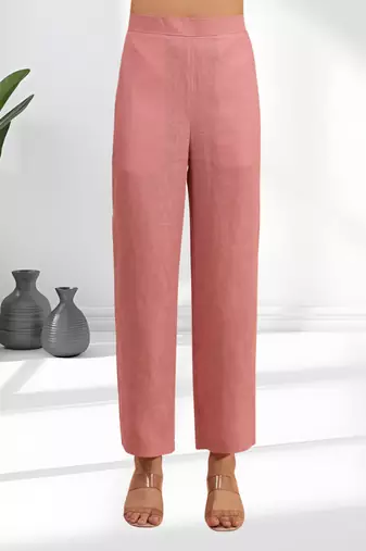 Women's linen pink embroidered long kurta with pant