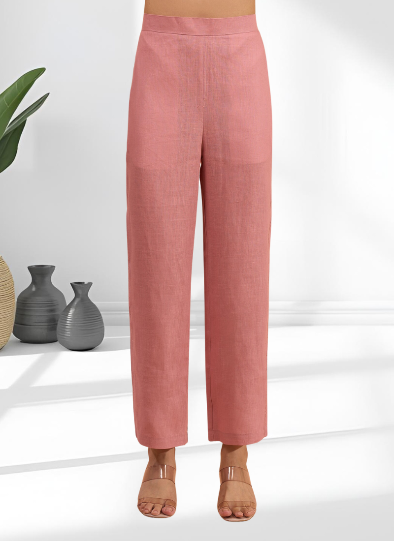 Women's linen pink embroidered long kurta with pant