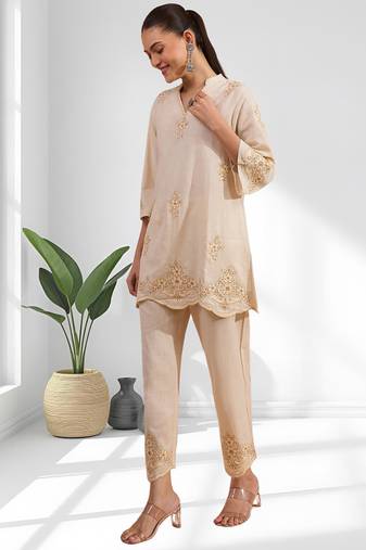 Women's linen beige embroidered short kurta with pant
