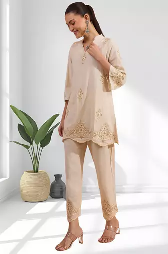 Women's linen beige embroidered short kurta with pant
