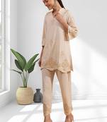 Women's linen beige embroidered short kurta with pant