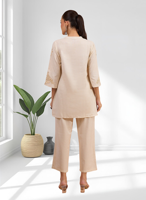 Women's linen beige embroidered short kurta with pant 2