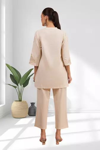 Women's linen beige embroidered short kurta with pant