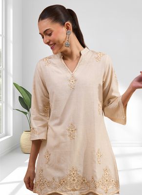 Women's linen beige embroidered short kurta with pant 3